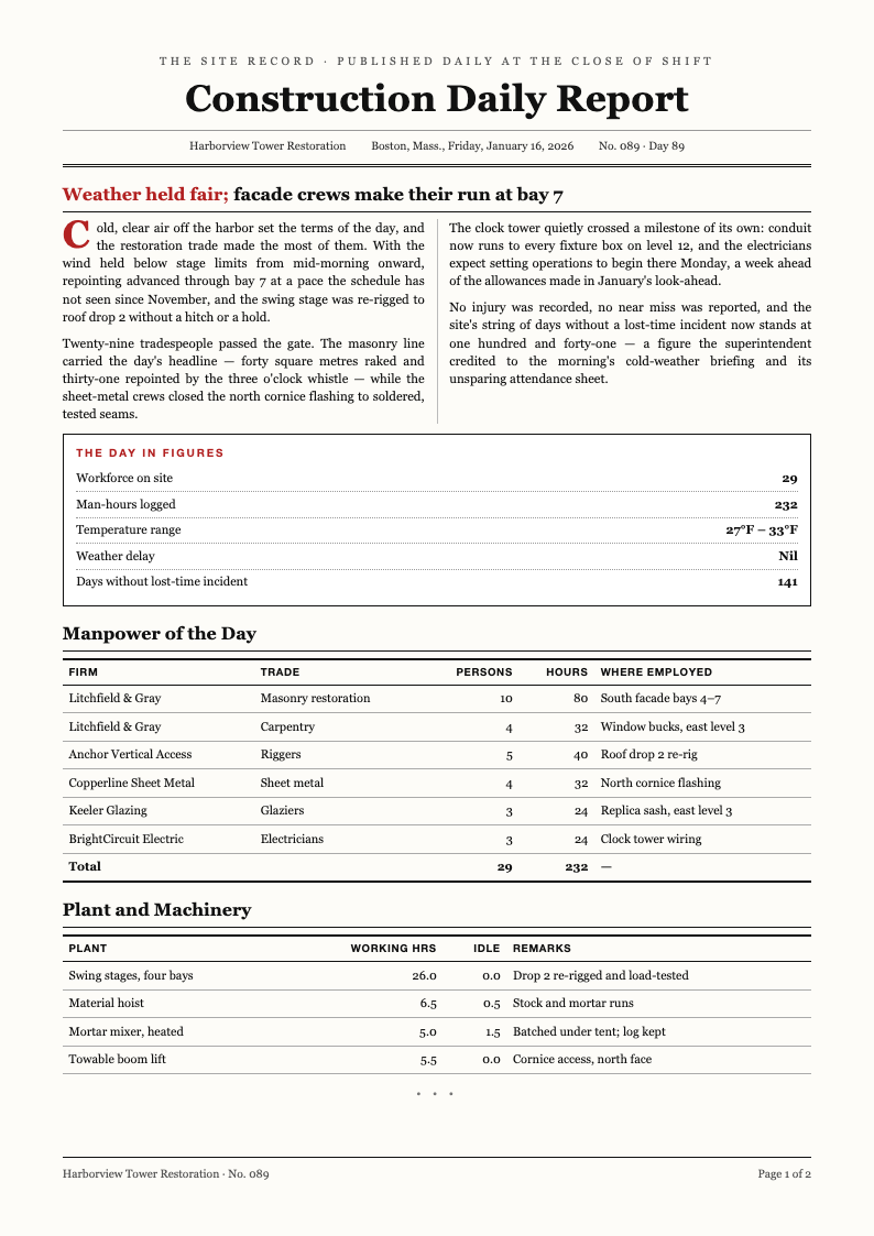 Newspaper editorial construction daily report